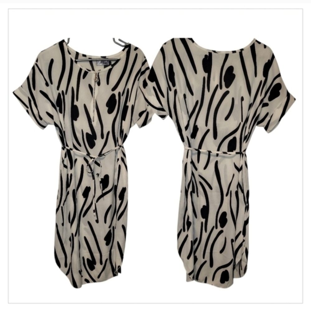 Cherie Bliss Abstract Black White Midi Dress Zip Front Office L - Picture 4 of 7